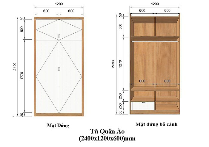 Tiêu chuẩn kích thước tủ đựng quần áo loại 2 cánh, 3 cánh, 4 cánh…